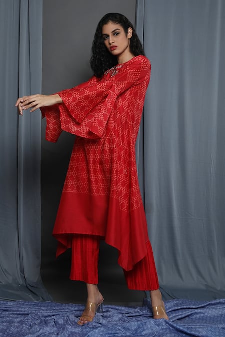 Krishna Mehta_Red Chanderi Printed Abstract Round Tunic _Online_at_Aza_Fashions