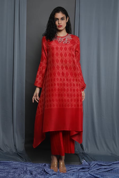 Buy_Krishna Mehta_Red Chanderi Printed Abstract Round Tunic _Online_at_Aza_Fashions
