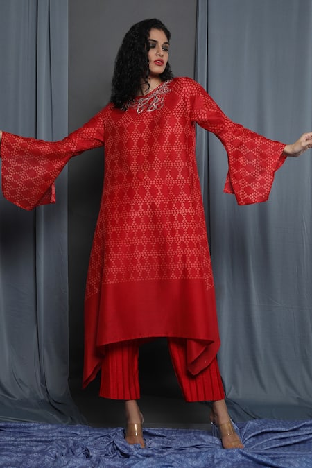 Shop_Krishna Mehta_Red Chanderi Printed Abstract Round Tunic _Online_at_Aza_Fashions