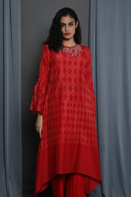 Krishna Mehta_Red Chanderi Printed Abstract Round Tunic _at_Aza_Fashions