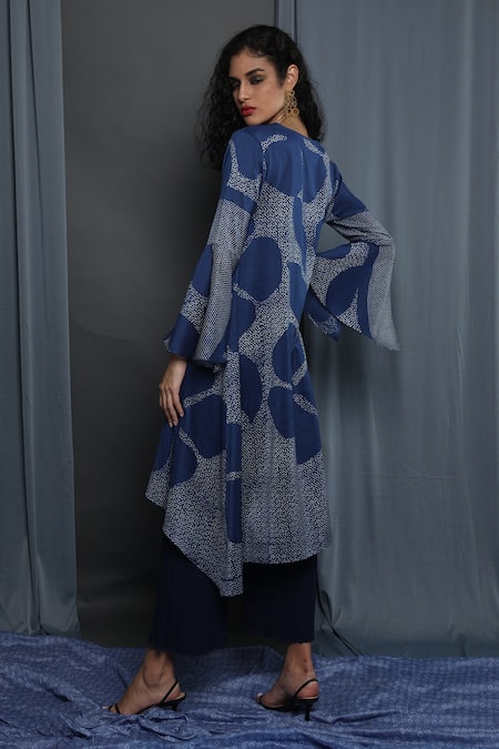 Shop_Krishna Mehta_Blue Chanderi Printed Floral V Neck Tunic _Online_at_Aza_Fashions