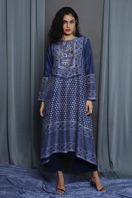 Krishna Mehta Blue Chanderi Block Print Bandhej Round Tunic Online at Aza Fashions Krishna Mehta_Blue Chanderi Block Print Bandhej Round Tunic _Online_at_Aza_Fashions