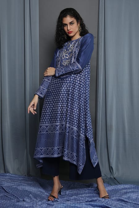 Buy Krishna Mehta Blue Chanderi Block Print Bandhej Round Tunic Online at Aza Fashions Buy_Krishna Mehta_Blue Chanderi Block Print Bandhej Round Tunic _Online_at_Aza_Fashions