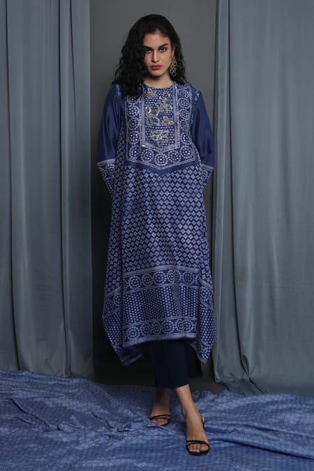 Shop Krishna Mehta Blue Chanderi Block Print Bandhej Round Tunic Online at Aza Fashions Shop_Krishna Mehta_Blue Chanderi Block Print Bandhej Round Tunic _Online_at_Aza_Fashions