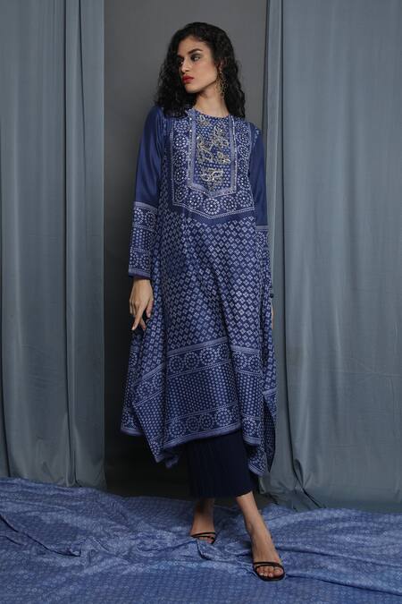 Krishna Mehta Blue Chanderi Block Print Bandhej Round Tunic at Aza Fashions Krishna Mehta_Blue Chanderi Block Print Bandhej Round Tunic _at_Aza_Fashions