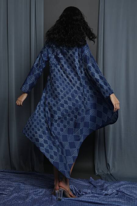 Buy Krishna Mehta Blue Chanderi Embroidery Round Neck Printed Asymmetrical Tunic Online at Aza Fashions Buy_Krishna Mehta_Blue Chanderi Embroidery Round Neck Printed Asymmetrical Tunic _Online_at_Aza_Fashions