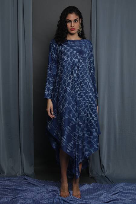 Shop Krishna Mehta Blue Chanderi Embroidery Round Neck Printed Asymmetrical Tunic Online at Aza Fashions Shop_Krishna Mehta_Blue Chanderi Embroidery Round Neck Printed Asymmetrical Tunic _Online_at_Aza_Fashions