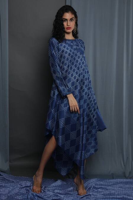 Krishna Mehta Blue Chanderi Embroidery Round Neck Printed Asymmetrical Tunic at Aza Fashions Krishna Mehta_Blue Chanderi Embroidery Round Neck Printed Asymmetrical Tunic _at_Aza_Fashions