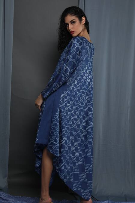 Shop Krishna Mehta Blue Chanderi Embroidery Round Neck Printed Asymmetrical Tunic Shop_Krishna Mehta_Blue Chanderi Embroidery Round Neck Printed Asymmetrical Tunic