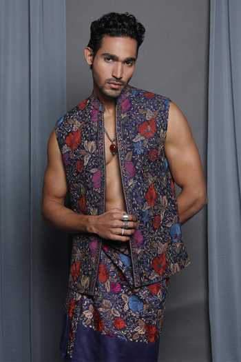 KRISHNA MEHTA_Blue Cotton, Viscose Embroidery Floral Navy Bundi _Online_at_Aza_Fashions