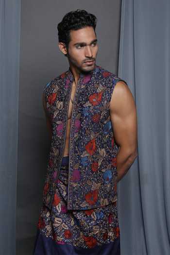 Buy_KRISHNA MEHTA_Blue Cotton, Viscose Embroidery Floral Navy Bundi _Online_at_Aza_Fashions