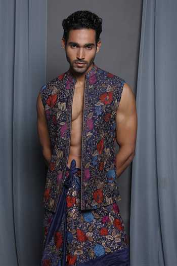 Shop_KRISHNA MEHTA_Blue Cotton, Viscose Embroidery Floral Navy Bundi _Online_at_Aza_Fashions