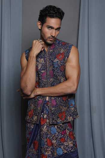 KRISHNA MEHTA_Blue Cotton, Viscose Embroidery Floral Navy Bundi _at_Aza_Fashions