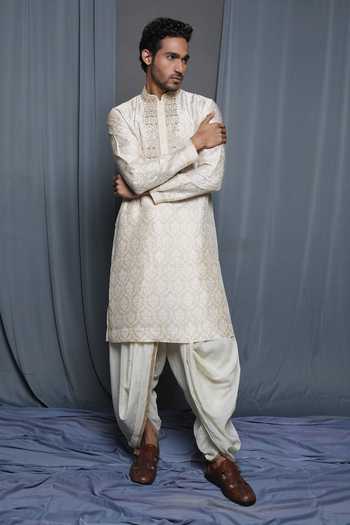 Krishna Mehta_Beige Tussar Printed Floral Kurta _Online_at_Aza_Fashions