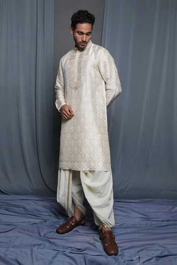 Buy_Krishna Mehta_Beige Tussar Printed Floral Kurta _Online_at_Aza_Fashions