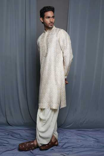 Shop_Krishna Mehta_Beige Tussar Printed Floral Kurta _Online_at_Aza_Fashions