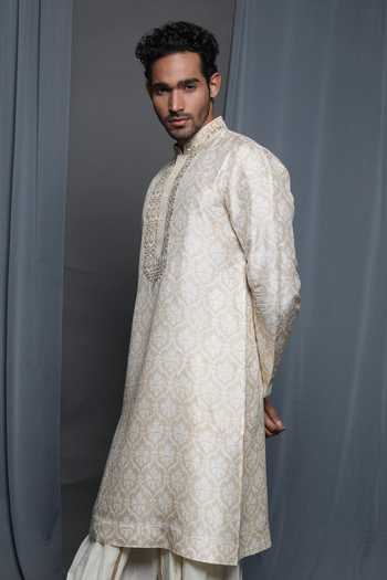 Krishna Mehta_Beige Tussar Printed Floral Kurta _at_Aza_Fashions