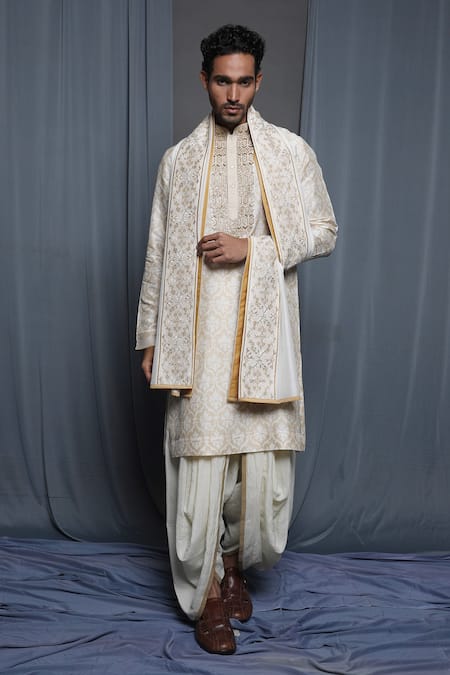 Shop_Krishna Mehta_Cream Chanderi Stole _Online_at_Aza_Fashions