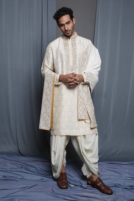 Krishna Mehta_Cream Chanderi Stole _at_Aza_Fashions