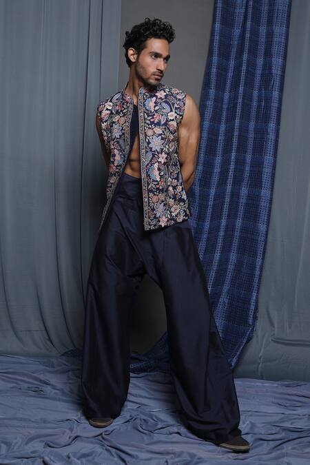 Krishna Mehta Blue Cotton, Viscose Embroidery Navy Bloom Bundi Online at Aza Fashions Krishna Mehta_Blue Cotton, Viscose Embroidery Navy Bloom Bundi_Online_at_Aza_Fashions