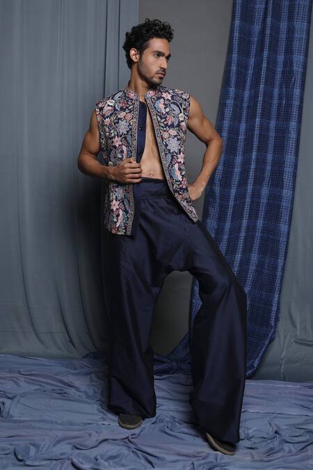 Shop Krishna Mehta Blue Cotton, Viscose Embroidery Navy Bloom Bundi Online at Aza Fashions Shop_Krishna Mehta_Blue Cotton, Viscose Embroidery Navy Bloom Bundi_Online_at_Aza_Fashions