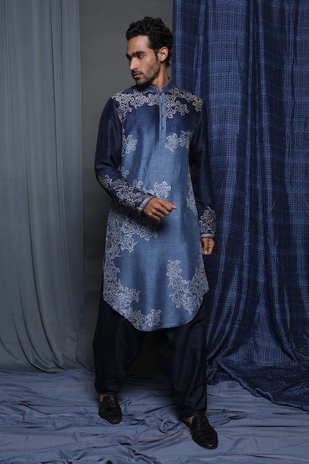 Krishna Mehta Blue Tussar Embroidery Floral Pattern Kurta Online at Aza Fashions Krishna Mehta_Blue Tussar Embroidery Floral Pattern Kurta _Online_at_Aza_Fashions