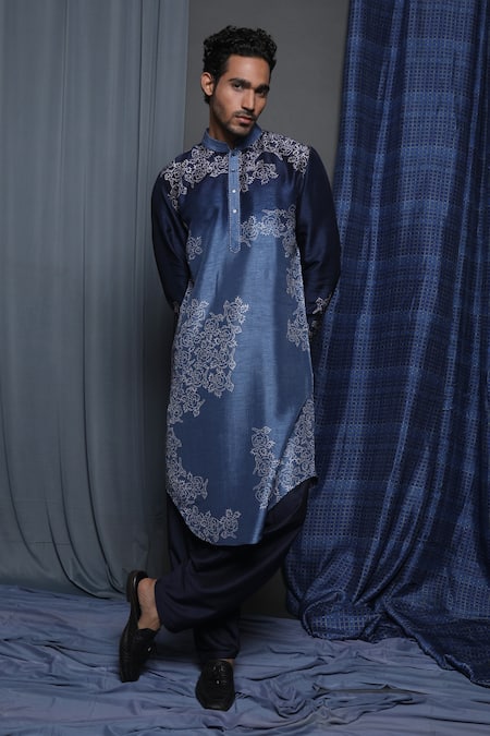 Buy Krishna Mehta Blue Tussar Embroidery Floral Pattern Kurta Online at Aza Fashions Buy_Krishna Mehta_Blue Tussar Embroidery Floral Pattern Kurta _Online_at_Aza_Fashions
