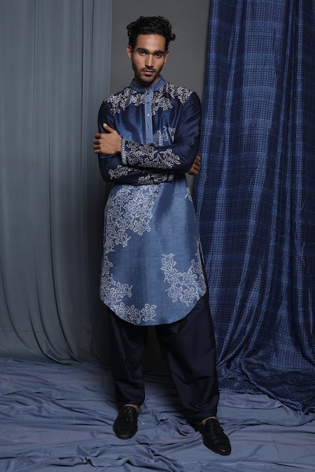 Shop Krishna Mehta Blue Tussar Embroidery Floral Pattern Kurta Online at Aza Fashions Shop_Krishna Mehta_Blue Tussar Embroidery Floral Pattern Kurta _Online_at_Aza_Fashions