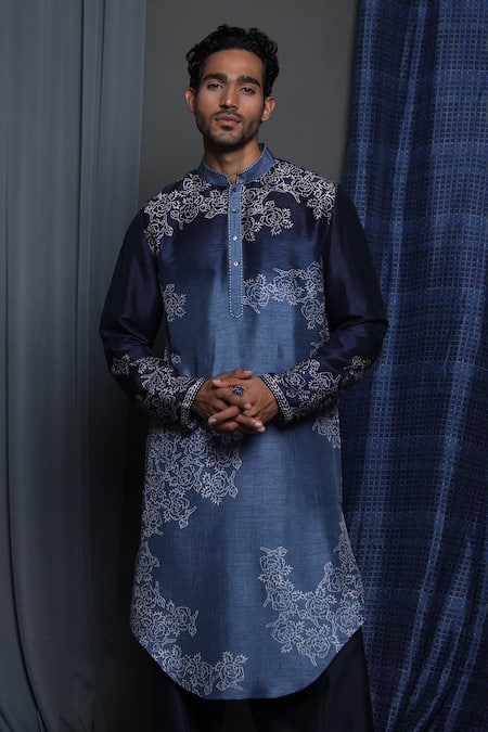Krishna Mehta Blue Tussar Embroidery Floral Pattern Kurta at Aza Fashions Krishna Mehta_Blue Tussar Embroidery Floral Pattern Kurta _at_Aza_Fashions
