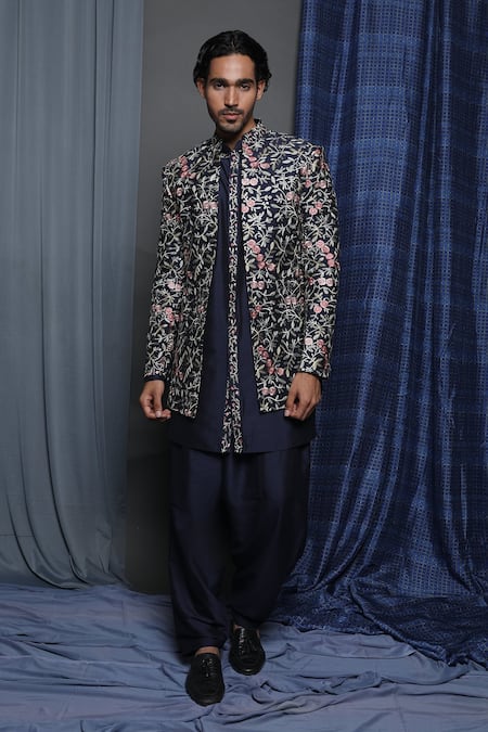 Krishna Mehta_Blue Cotton, Viscose Embroidery Floral Sherwani And Salwar Set _Online_at_Aza_Fashions