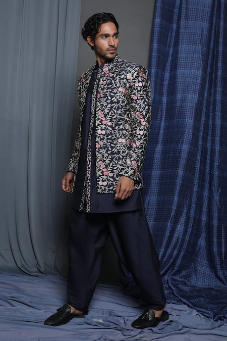 Buy_Krishna Mehta_Blue Cotton, Viscose Embroidery Floral Sherwani And Salwar Set _Online_at_Aza_Fashions
