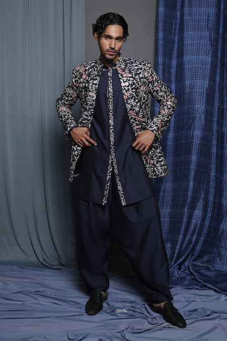 Shop_Krishna Mehta_Blue Cotton, Viscose Embroidery Floral Sherwani And Salwar Set _Online_at_Aza_Fashions