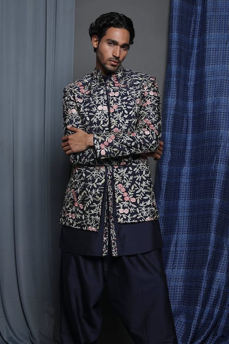 Krishna Mehta_Blue Cotton, Viscose Embroidery Floral Sherwani And Salwar Set _at_Aza_Fashions