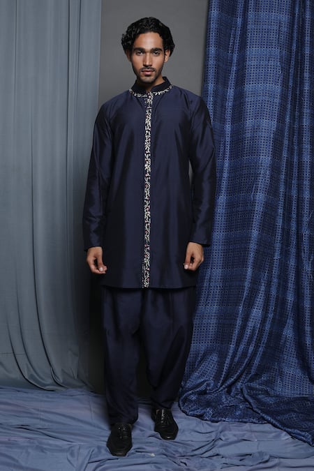 Buy_Krishna Mehta_Blue Cotton, Viscose Embroidery Floral Sherwani And Salwar Set 