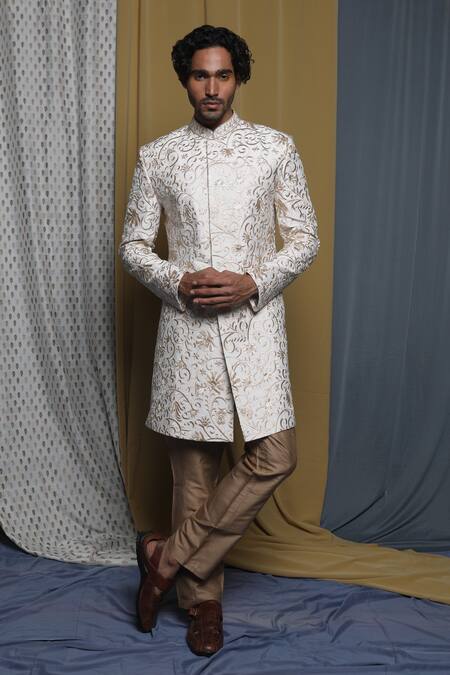 Krishna Mehta_White Cotton, Viscose Embroidery Floral Sherwani And Pant Set _Online_at_Aza_Fashions