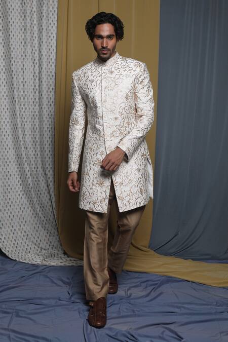 Buy_Krishna Mehta_White Cotton, Viscose Embroidery Floral Sherwani And Pant Set _Online_at_Aza_Fashions