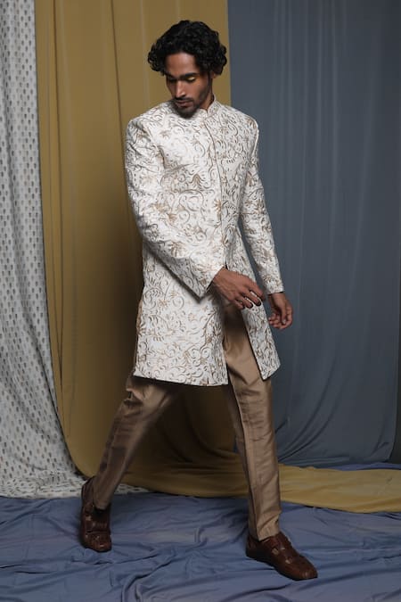 Shop_Krishna Mehta_White Cotton, Viscose Embroidery Floral Sherwani And Pant Set _Online_at_Aza_Fashions