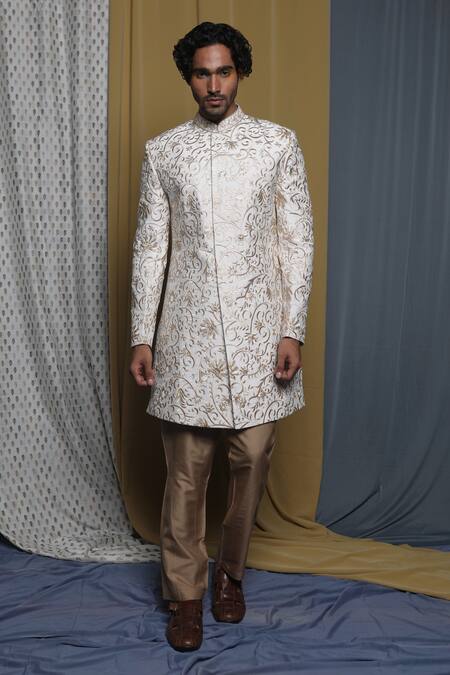 Krishna Mehta_White Cotton, Viscose Embroidery Floral Sherwani And Pant Set _at_Aza_Fashions
