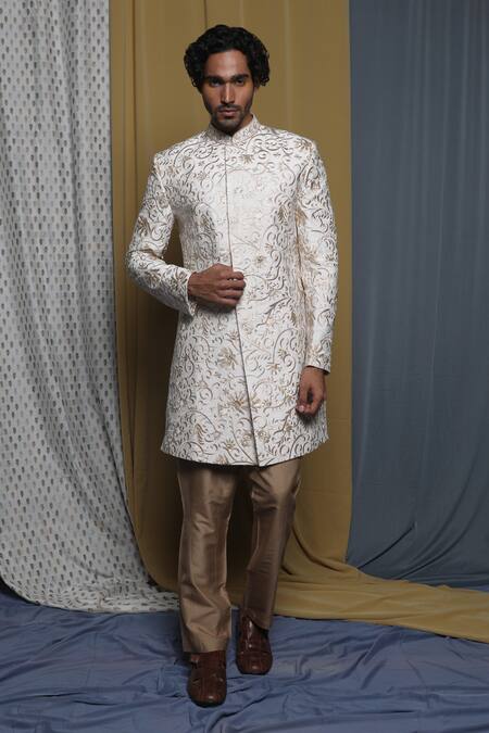 Buy_Krishna Mehta_White Cotton, Viscose Embroidery Floral Sherwani And Pant Set 