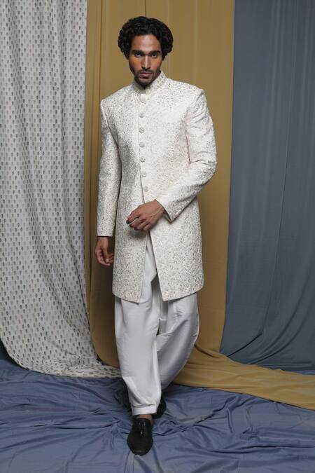 Krishna Mehta_White Cotton, Viscose Embroidery Floral Sherwani Salwar Set_at_Aza_Fashions
