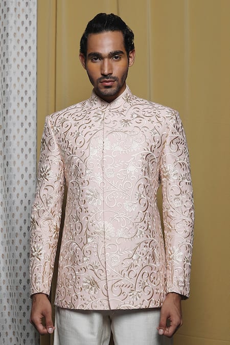 Krishna Mehta_Peach Cotton, Viscose Embroidery Floral Bandhgala _Online_at_Aza_Fashions