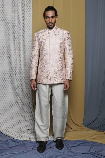 Buy_Krishna Mehta_Peach Cotton, Viscose Embroidery Floral Bandhgala _Online_at_Aza_Fashions