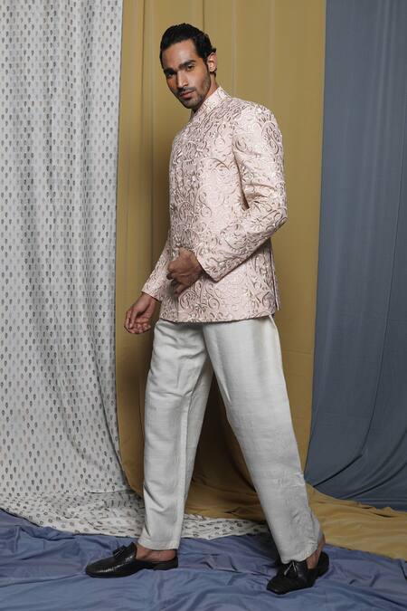 Shop_Krishna Mehta_Peach Cotton, Viscose Embroidery Floral Bandhgala _Online_at_Aza_Fashions