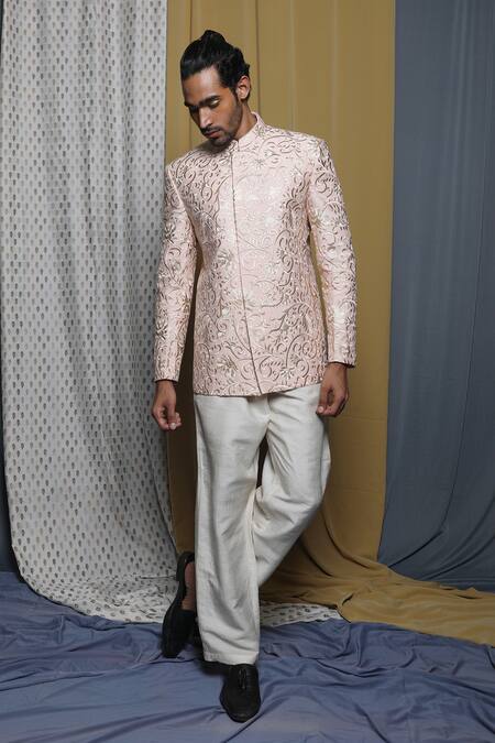 Krishna Mehta_Peach Cotton, Viscose Embroidery Floral Bandhgala _at_Aza_Fashions
