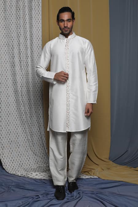 Krishna Mehta_Off White Cotton, Viscose Embroidery Flora Sherwani Set _Online_at_Aza_Fashions