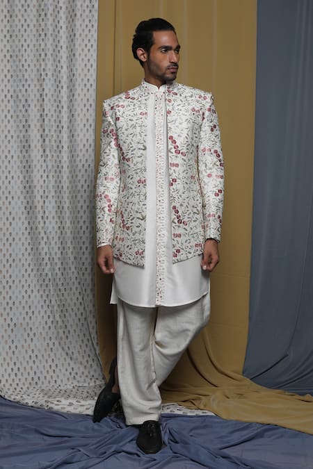 Shop_Krishna Mehta_Off White Cotton, Viscose Embroidery Flora Sherwani Set _Online_at_Aza_Fashions