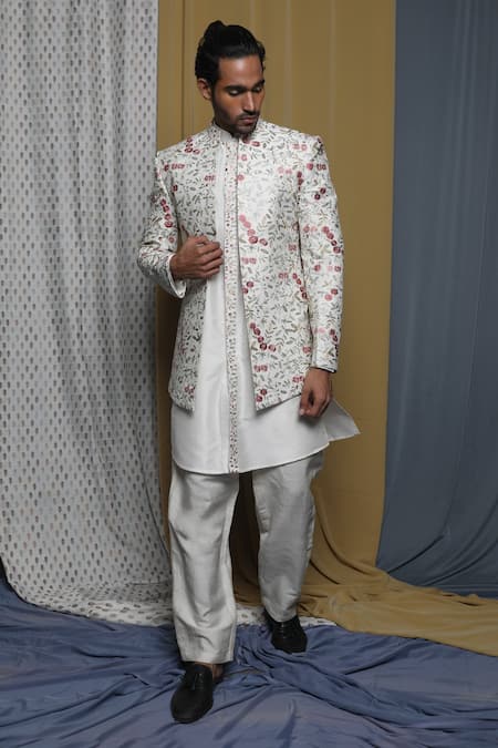 Krishna Mehta_Off White Cotton, Viscose Embroidery Flora Sherwani Set _at_Aza_Fashions