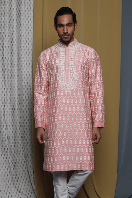 Krishna Mehta_Pink Tussar Embroidered Floral Kurta Churidar Set _Online_at_Aza_Fashions