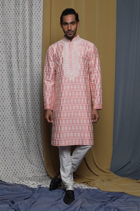 Buy_Krishna Mehta_Pink Tussar Embroidered Floral Kurta Churidar Set _Online_at_Aza_Fashions