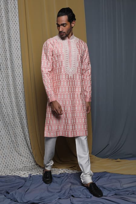 Shop_Krishna Mehta_Pink Tussar Embroidered Floral Kurta Churidar Set _Online_at_Aza_Fashions